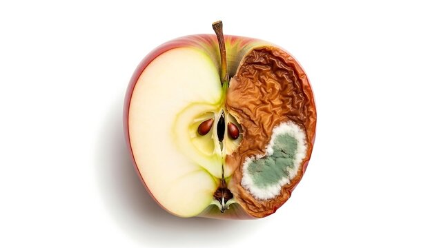 Half rotten apple with mold and decay on white background.