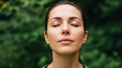 A close-up portrait of a woman meditating with her eyes closed, breathing calmly in a green outdoor setting. Perfect for relaxation and zen concepts - Powered by Adobe