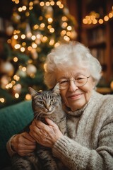 Elderly woman in knit sweater cuddles fluffy gray cat against golden tree bokeh glow. Tender holiday pet love, warm Christmas companionship vibe.