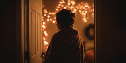 Silhouetted woman wrapped in plaid blanket stands in doorway toward twinkling tree. Intimate Christmas homecoming, warm nostalgic holiday vibe.
