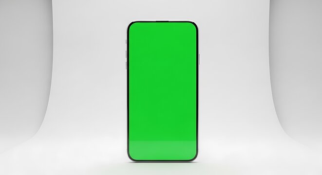 A modern smartphone with a blank green screen for mockups, positioned vertically on a clean white studio background for advertising