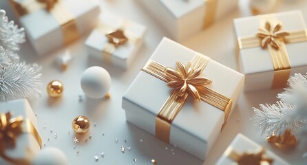 Cover with Christmas gifts, ribbons and toys on light colored background. Golden balls, lights, glitter. New Year. Winter holiday template, card, banner, poster with space for text. Holiday concept.