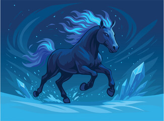 Dynamic winter horse with a deep blue fire mane and icy crystal accents, symbolizing the harsh January cold. Detailed 2D vector illustration with frosty atmosphere, strong motion and dramatic lighting