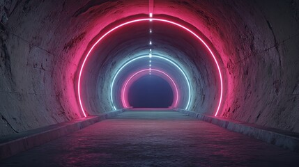 A futuristic tunnel illuminated by pink and blue neon lights