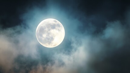 Full Luminous Moon in Dramatic Cloudy Night Sky