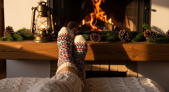Feet in cozy patterned socks relaxing by a warm crackling fireplace, creating a comforting winter ambiance.