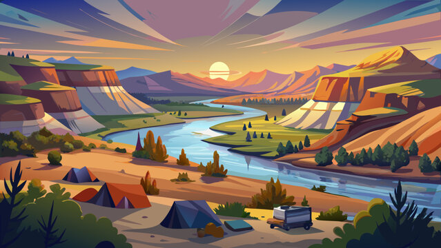 Very beautiful early morning view from Sully Creek State Park, showing Whitetail Flats Campground along the Little Missouri River near Medora. Soft dawn light illuminates the river, rolling hills, and