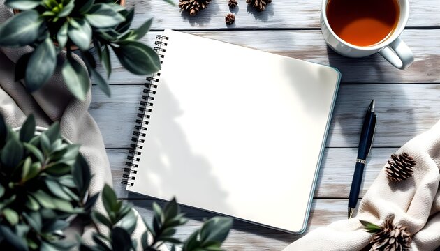 Blank notepad and cup of tea on wooden table with plants and pine cones during daylight Generative AI