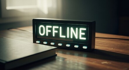An "OFFLINE" sign glows green on a desk beside a closed book in soft lighting