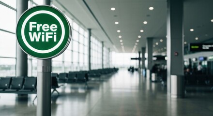 Airport free WiFi sign, blurred seating and window background