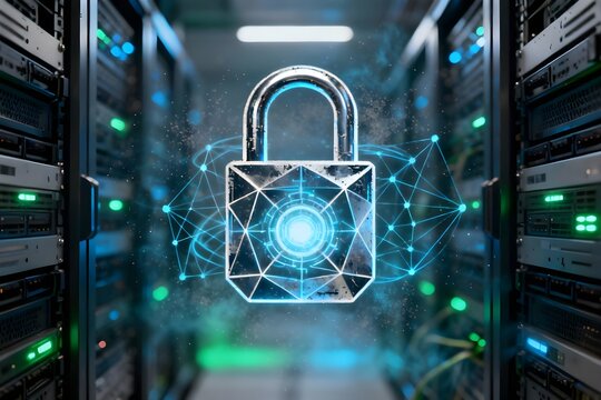 Digital padlock over server racks symbolizes robust cybersecurity in a modern data center environment.