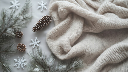 Cozy Winter Flat Lay with Pinecones and Snowflake Accents