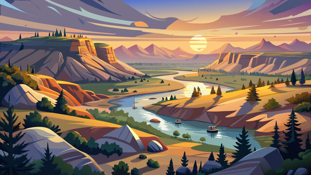 Very beautiful early morning view from Sully Creek State Park, showing Whitetail Flats Campground along the Little Missouri River near Medora. Soft dawn light illuminates the river, rolling hills, and