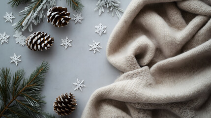 Cozy Winter Flat Lay with Pinecones and Snowflakes