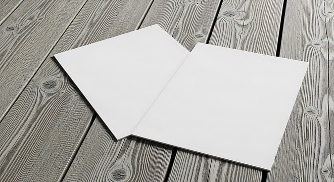 Two blank white open books or brochures lying on a rustic wooden table, offering a natural and inviting setting for custom designs