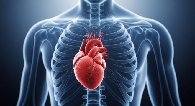 Anatomical rendering of human torso with red heart prominently displayed