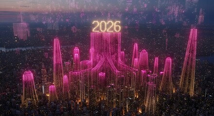A towering, fully autonomous city skyline made of self-assembling drone swarms that light up in sequence to form the numbers '2026'. The sky is filled with synchronized light patterns