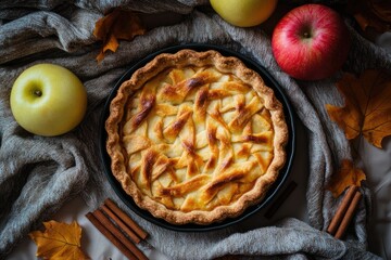 Delicious and Homemade Apple Pie, Surrounded by Fresh Seasonal Apples and Sweet Cinnamon Spice