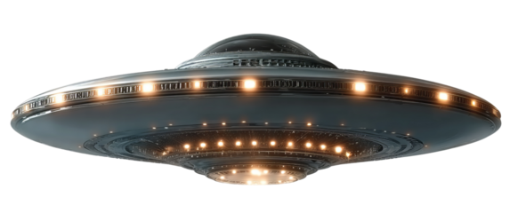 Silver flying saucer with lights isolated on a transparent background