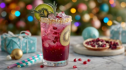 Festive Pink Red Cocktail with Lime and Rosemary Garnish