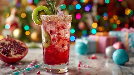 Festive Pink Red Cocktail with Lime and Rosemary Garnish