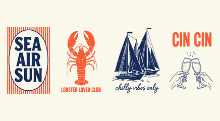 Vintage nautical art collection four retro beach seaside ocean holiday themed designs