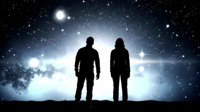 Silhouetted couple gazing at stars, exploring outer space, cosmic background suitable for science fiction themes
