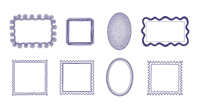 Collection of eight unique hand-drawn decorative frames and borders for creative projects
