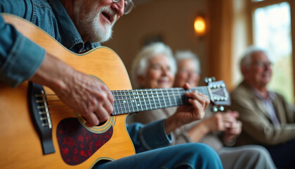 Senior man with white beard plays acoustic guitar, sings cheerfully. Friends listen, smile in background. Group enjoys music, laughs together at community event. Elder people socialize, fun at