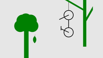 Nature-Loving Cyclist Under Trees – Eco-Friendly Outdoor Lifestyle Concept with Minimalist Stick Figure and Falling Leaf in Green Vector Illustration
