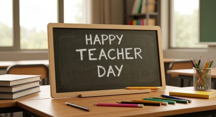 Classroom chalkboard reads "Happy Teacher Day" with books and pencils on desks