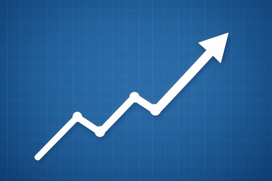 Rising Line Chart With Upward Arrow On Blue Grid Background Signifying Growth And Progress