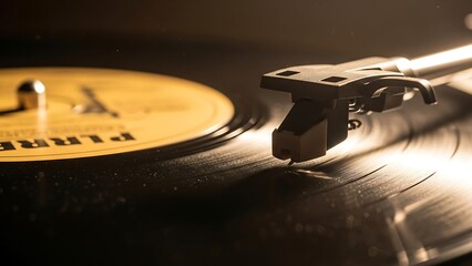 Close-up of a record player playing a vinyl record.