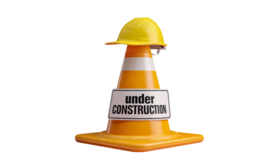 Orange traffic cone with yellow hard hat isolated on a transparent background 1
