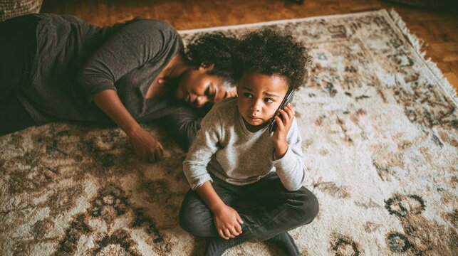 Worried child making an emergency call while sitting beside an unconscious woman on the floor
