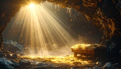 Inside the cave with empty wooden manger. Birth of Jesus Christ.	
