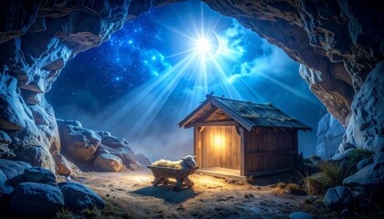 Inside the cave with empty wooden manger. Birth of Jesus Christ.	
