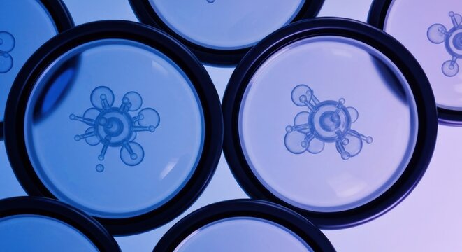 Circles with molecule shapes, blue light, abstract pattern, close up