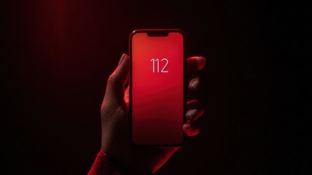Female hand holding smartphone while calling the 112 emergency number in dark dramatic lighting