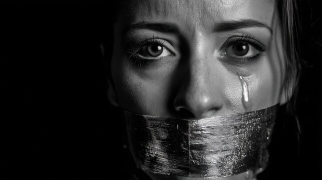Closeup of a woman with duct tape over her mouth and tears symbolizing silence and suffering from domestic violence