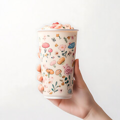 Whimsical floral and mushroom patterned cup held by a hand, evoking a sense of gentle delight and natural charm.