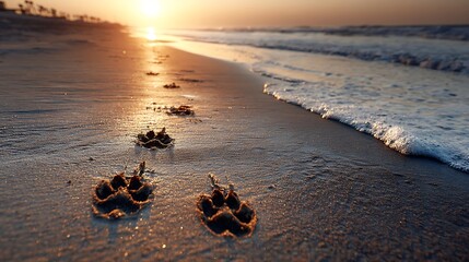 Dog paw prints lead along a sandy beach at sunset, capturing a serene coastal scene with the ocean waves and golden light, evoking a sense of peace