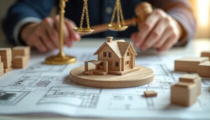 Lawyer examines house model with scales of justice, gavel, and blueprints. Real estate law, property transaction, legal dispute, court case.