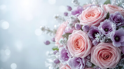 Obraz premium Frosted pastel flower bouquet with pink roses and lilac blooms on a soft blurred background