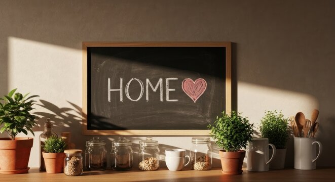 Cozy kitchen scene with chalkboard "HOME" and small plants