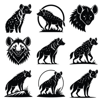 Set of vector black funny hyena silhouette icon. Isolated black animal shape design element.