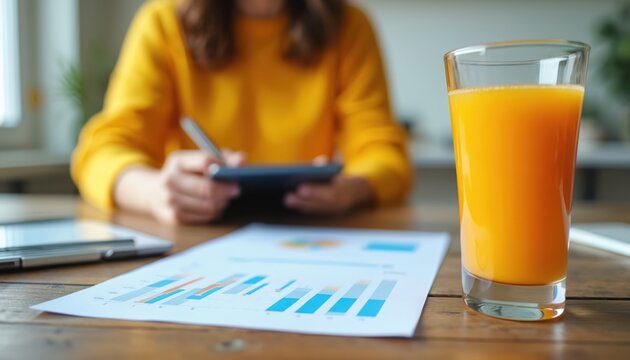 Woman works with diagrams and juice. Lady drinks orange juice at office. Concept of data analyzing, work remotely, healthy lifestyle. Person works on project at the table.