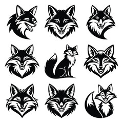 Set of vector black grinning fox silhouette icon. Isolated black animal shape design element.