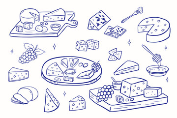 Cheese platter icon in doodle style with various gourmet pieces. Line art illustration shows camembert, cheddar, grapes on charcuterie board. French-inspired food sketch design.