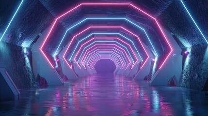 A futuristic tunnel illuminated by pink and blue neon lights